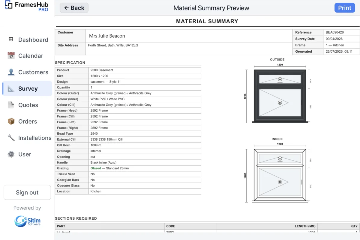 FramesHub material summary on iPad