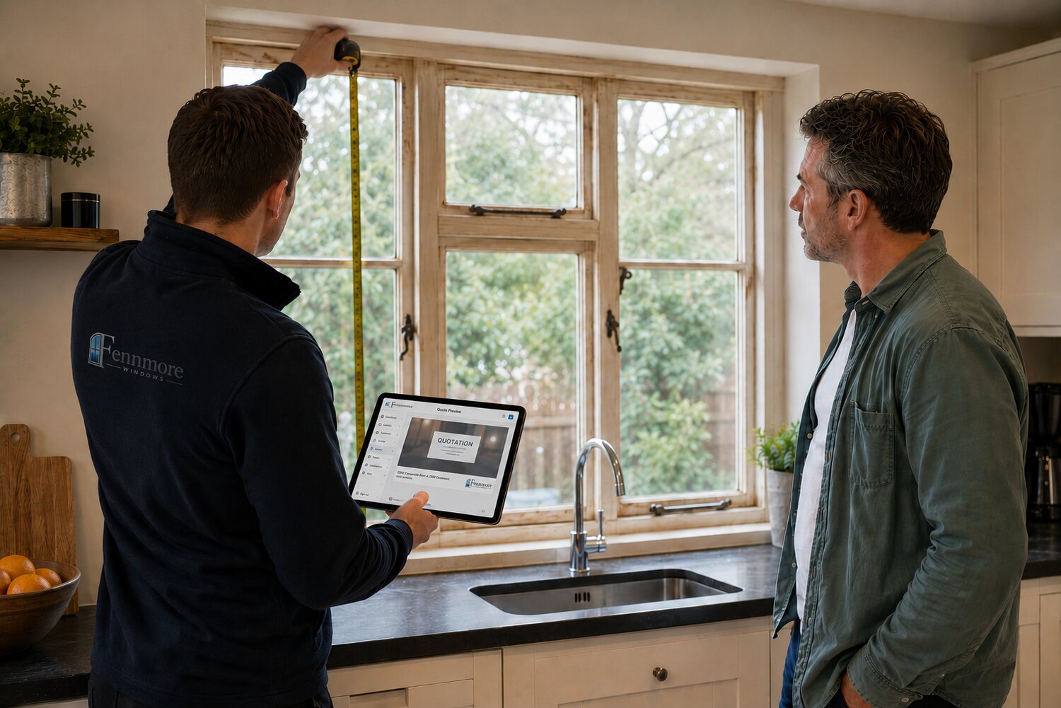 A fitter surveying a window with the FramesHub app on an iPad